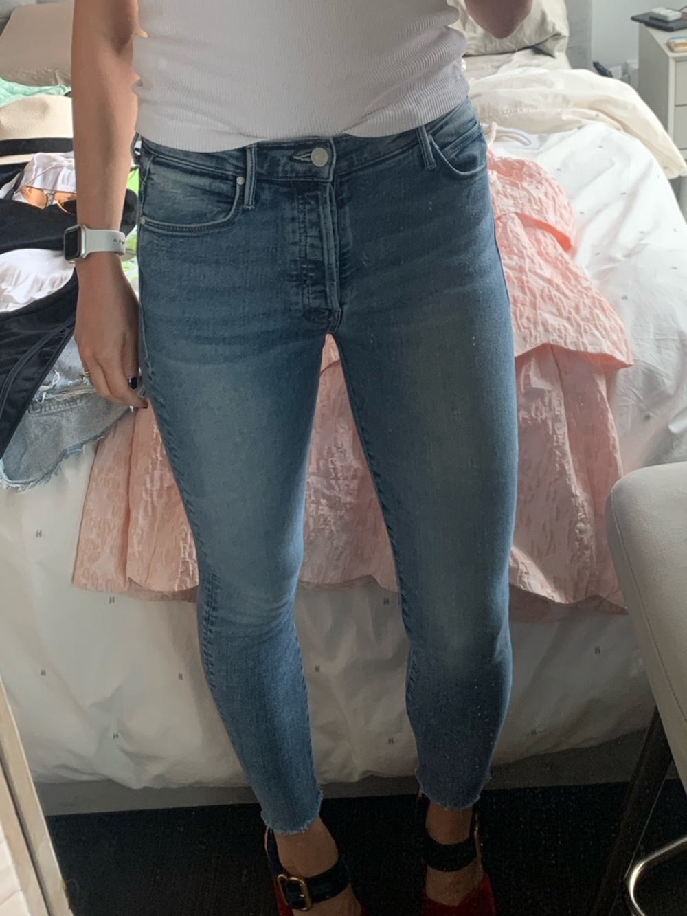 MOTHER the stunner ankle fray Light Blue Skinny Jeans